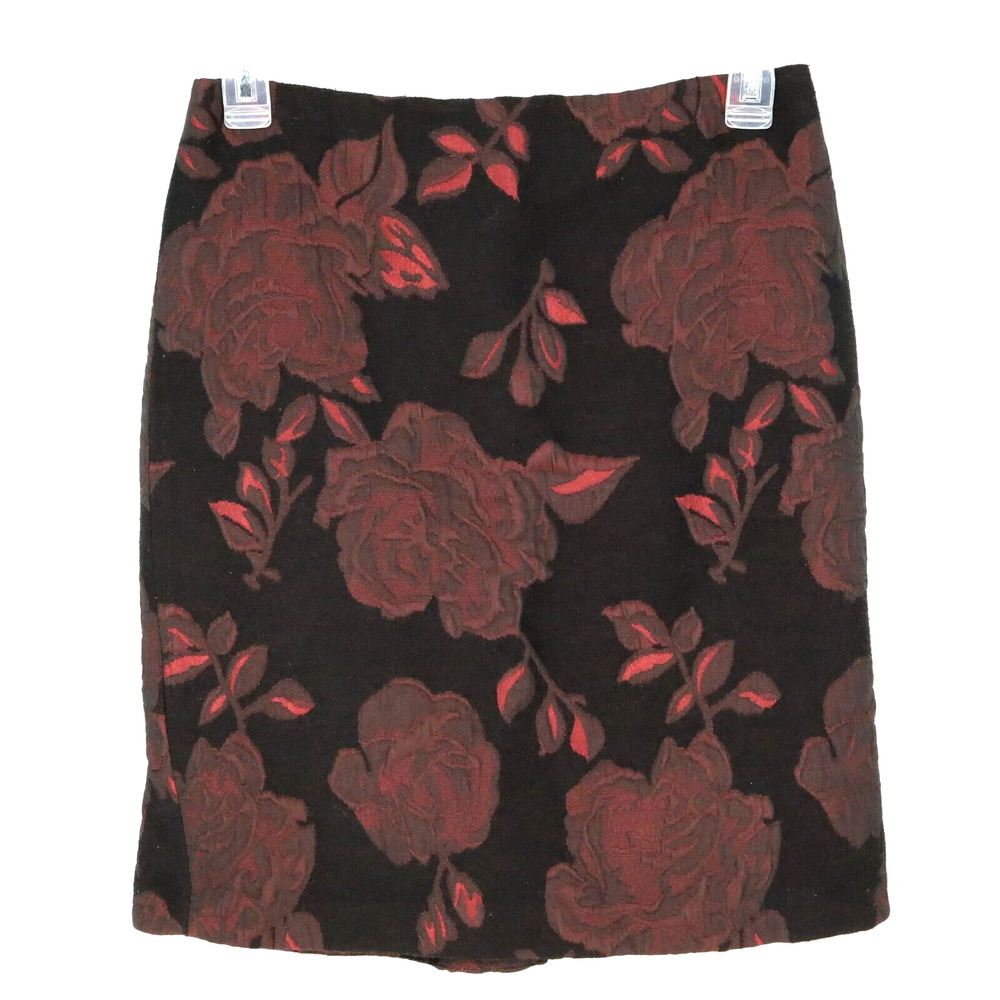 Ann Taylor Skirt Petites 10P Black Burgundy Floral Wool Blend Pencil Lined Zip